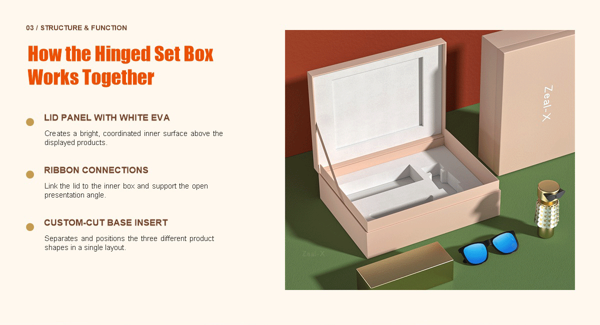 Hinged presentation box structure with white EVA lid panel, ribbon connections and custom-cut base insert