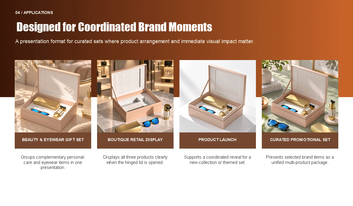 Custom gift box applications for beauty sets, eyewear retail displays, product launches and promotional sets