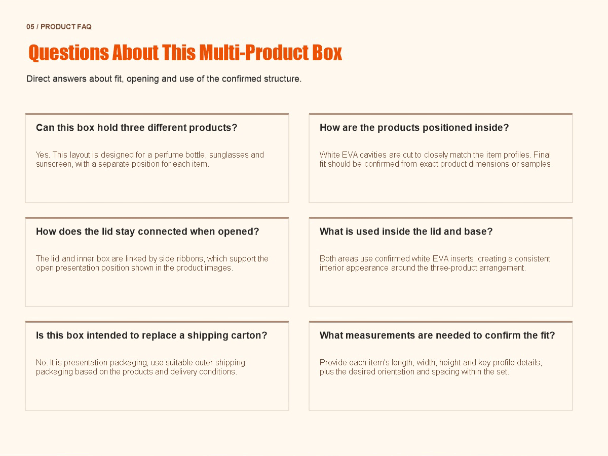 FAQ about the fit, EVA inserts, ribbon-supported lid and packaging use of a three-product gift box