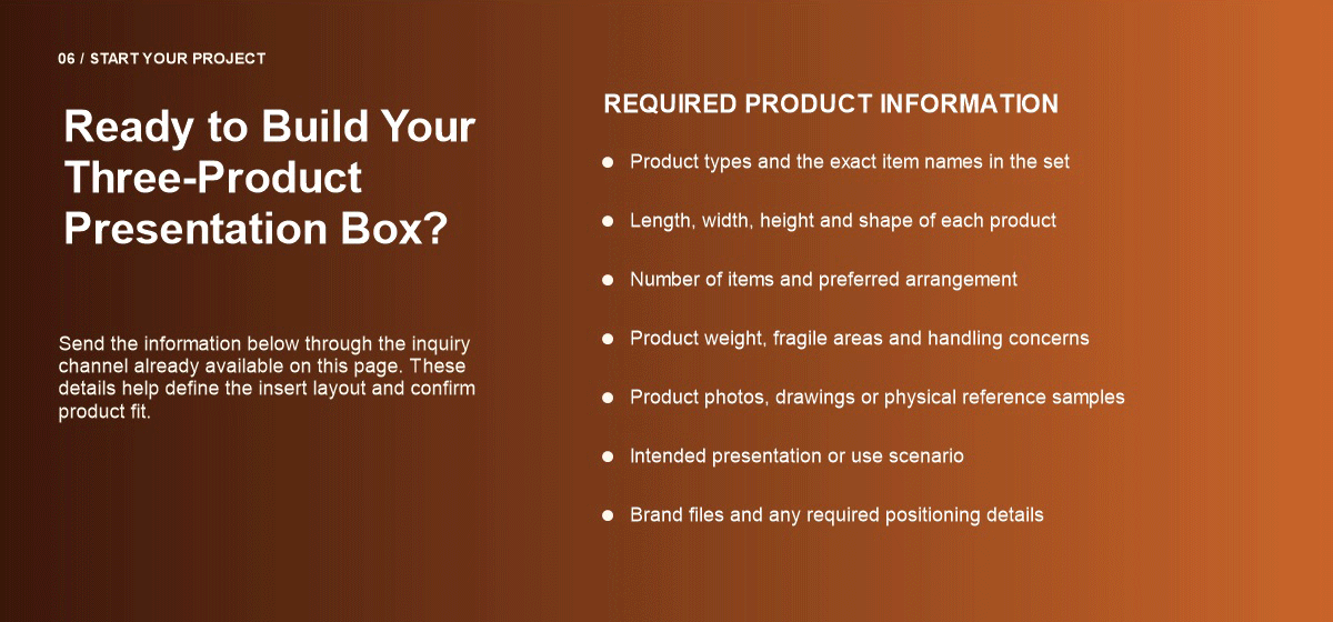 Information required to customize a three-product presentation box, including dimensions, layout and brand files