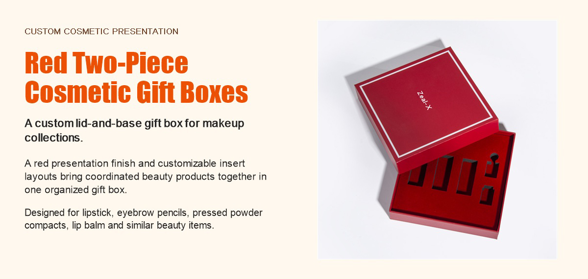 Custom red two-piece cosmetic gift box with fitted insert compartments for makeup products