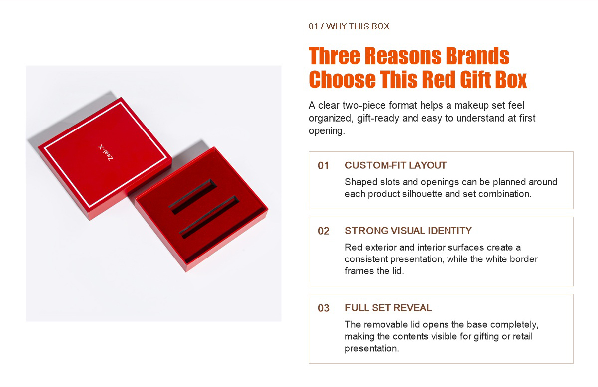 Red lid-and-base cosmetic gift box with custom-fit insert, removable lid and coordinated interior