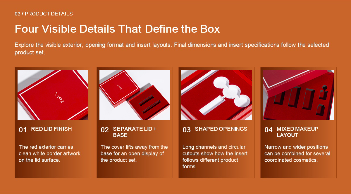 Details of a red cosmetic gift box showing the removable lid, shaped openings and mixed makeup layout
