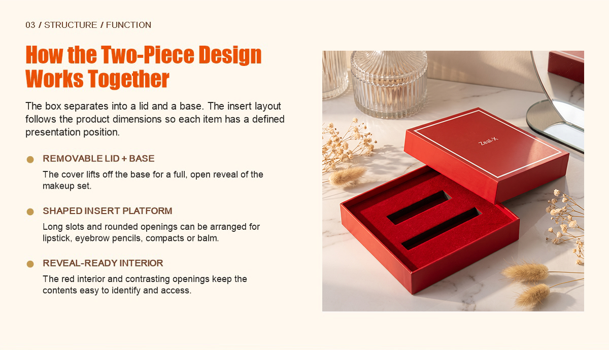 Red two-piece makeup gift box with removable lid and shaped insert slots for cosmetic products