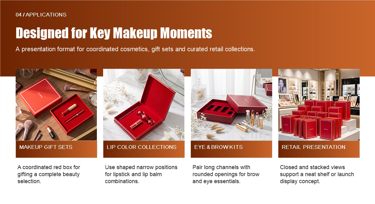 Custom red cosmetic boxes for makeup gift sets, lip color collections, eye and brow kits, and retail displays