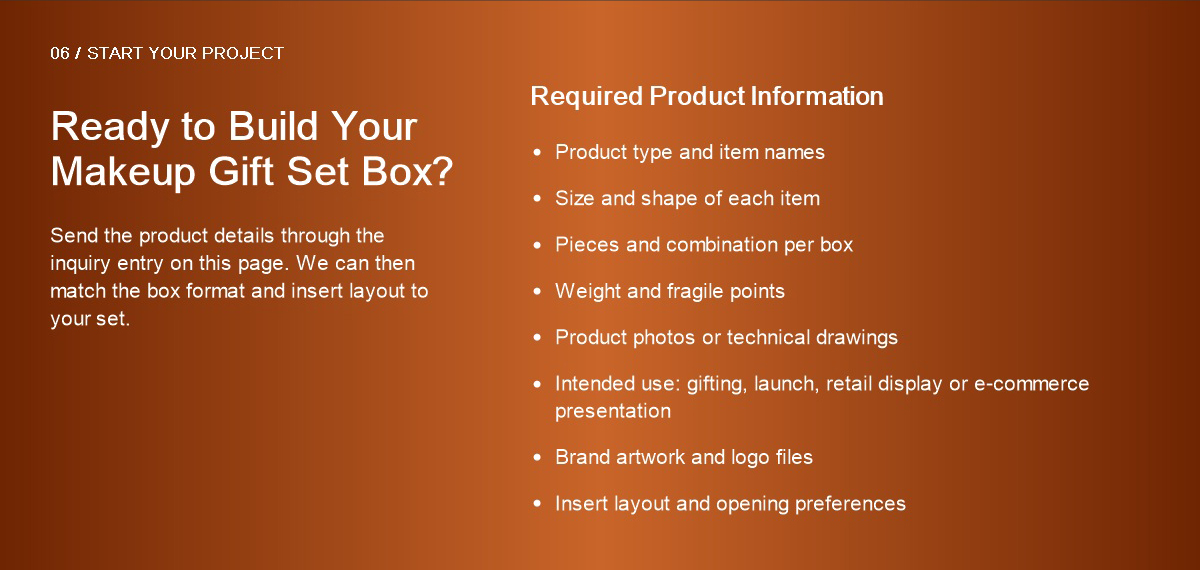 Information required to customize a makeup gift set box, including product sizes, insert layout and brand artwork
