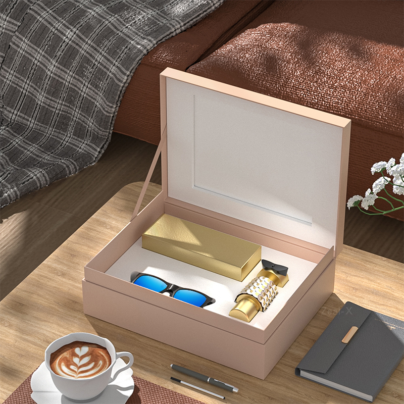Open custom gift box displaying perfume, sunglasses and sunscreen in a fitted white EVA insert