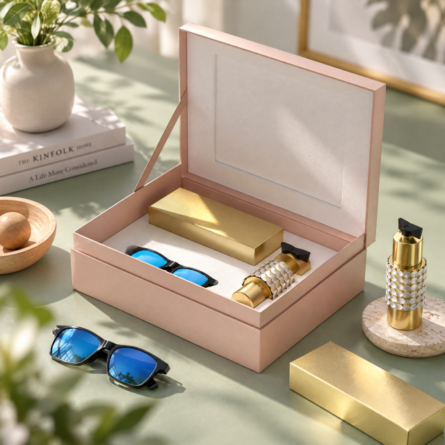 Blush pink gift set box organizing perfume, sunglasses and sunscreen in separate fitted compartments