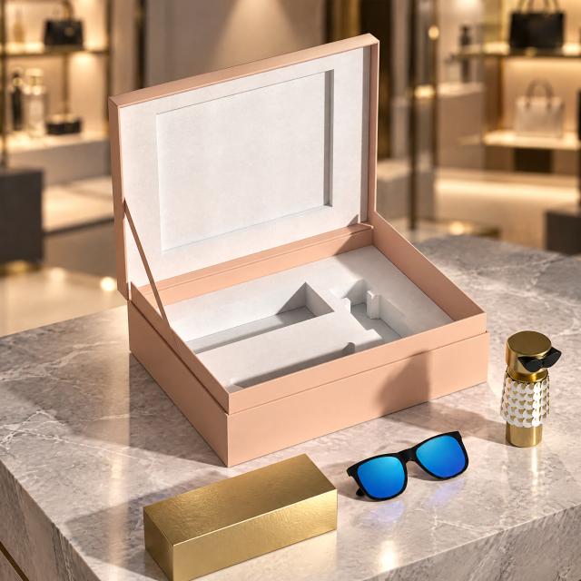 Open custom gift box with fitted compartments displayed beside perfume, sunglasses and sunscreen