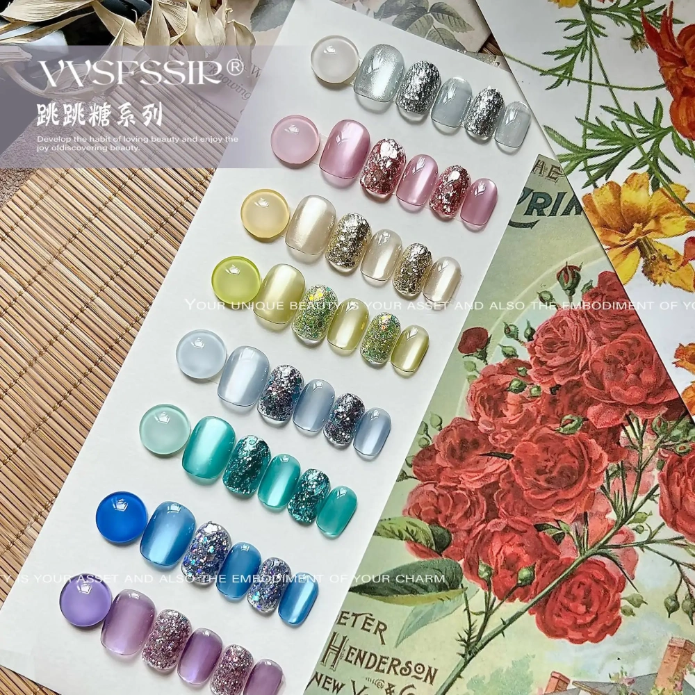 VVSFSSIR Nail 24 Colors Glass Pearl Cat Eye Gel Polish Set, Colorful Glitter Magnetic Gel, Soak Off UV LED Nail Art Salon Kit