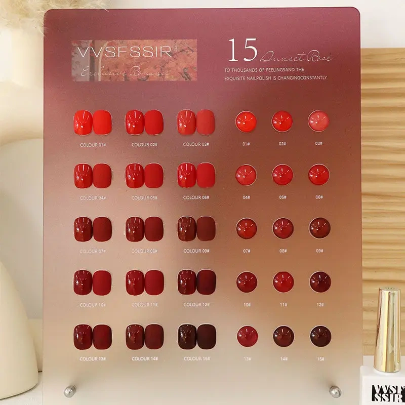 VVSFSSIR Nail 15 Colors Red Gel Nail Polish Set, Sunset Rose & Cherry Red, High Pigment Soak Off UV LED, Salon Nail Art Kit