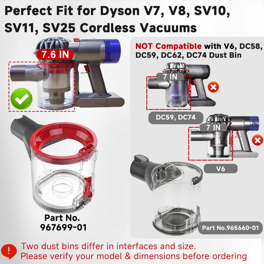 Lemige Upgraded V7 V8 Dust Bin Canister Replacement Parts for Dyson V7 V8 SV10 SV11 SV25 Cordless Vacuum Cleaner, For Dyson Vacuum Attachments No. 967699-01, Prevents Leakage and Restore Suction