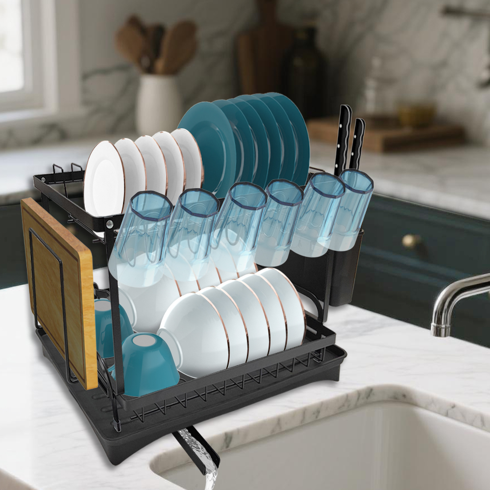 Premium 2-Tier Large Capacity Dish Drying Rack with 360° Rotatable Swivel Spout - Rust-Proof Kitchen Space Saver,Jiangmen Hanxi Metal Products Factory,Premium 2-Tier Large Capacity Dish Drying Rack with 360° Rotatable Swivel Spout - Rust-Proof Kitchen Space Saver