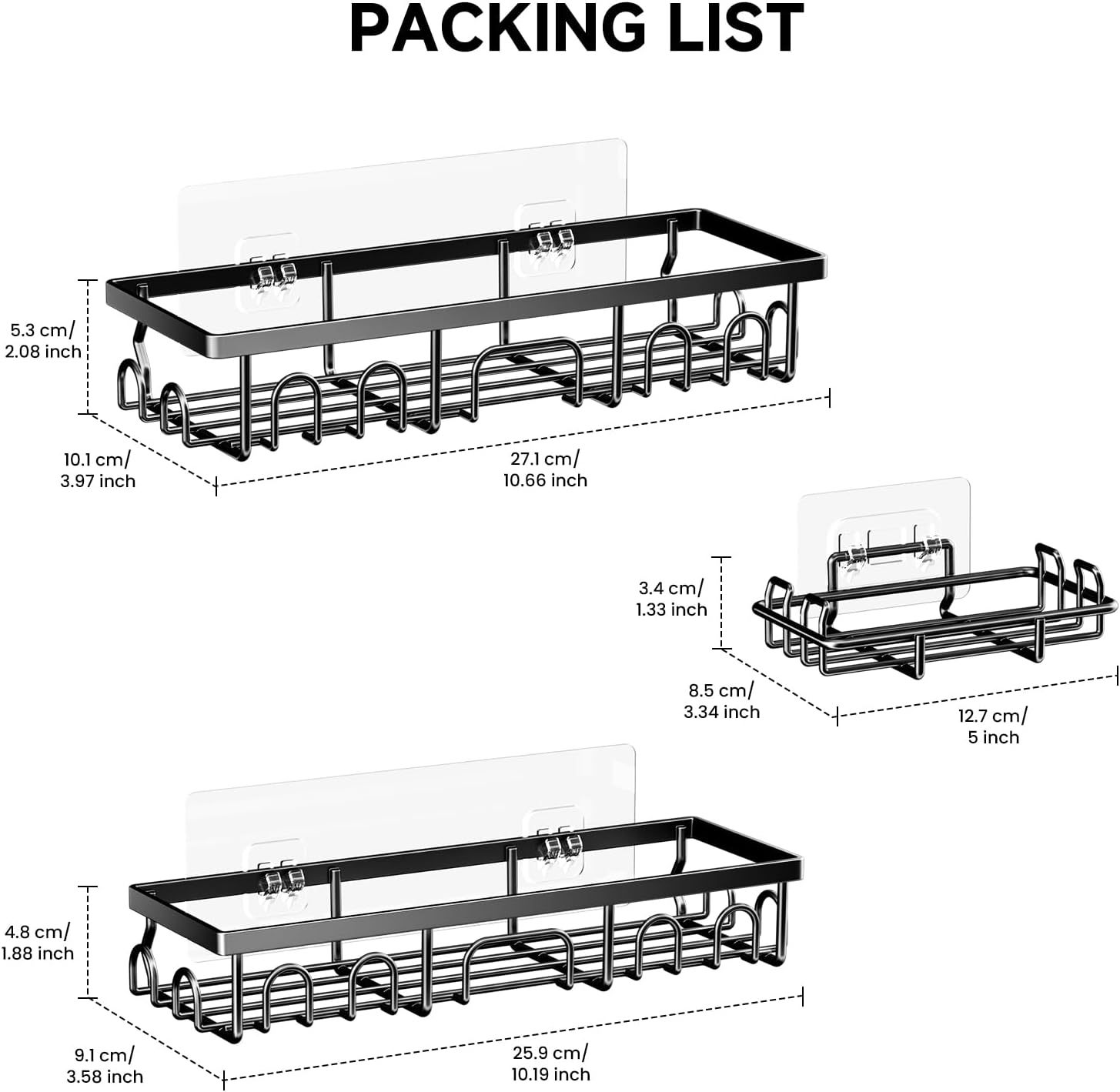 3-Pack Adhesive Shower Caddy Organizer with Soap Holder, Rustproof Stainless Steel Bathroom Storage Shelf, No Drilling Wall Mounted Shower Rack with Built-in Hooks for Kitchen & Bathroom - Matte Black,Jiangmen Hanxi Metal Products Factory,3-Pack Adhesive Shower Caddy Organizer with Soap Holder, Rustproof Stainless Steel Bathroom Storage Shelf, No Drilling Wall Mounted Shower Rack with Built-in Hooks for Kitchen & Bathroom - Matte Black
