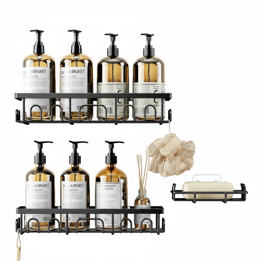 3-Pack Adhesive Shower Caddy Organizer with Soap Holder, Rustproof Stainless Steel Bathroom Storage Shelf, No Drilling Wall Mounted Shower Rack with Built-in Hooks for Kitchen & Bathroom - Matte Black,Jiangmen Hanxi Metal Products Factory,3-Pack Adhesive Shower Caddy Organizer with Soap Holder, Rustproof Stainless Steel Bathroom Storage Shelf, No Drilling Wall Mounted Shower Rack with Built-in Hooks for Kitchen & Bathroom - Matte Black