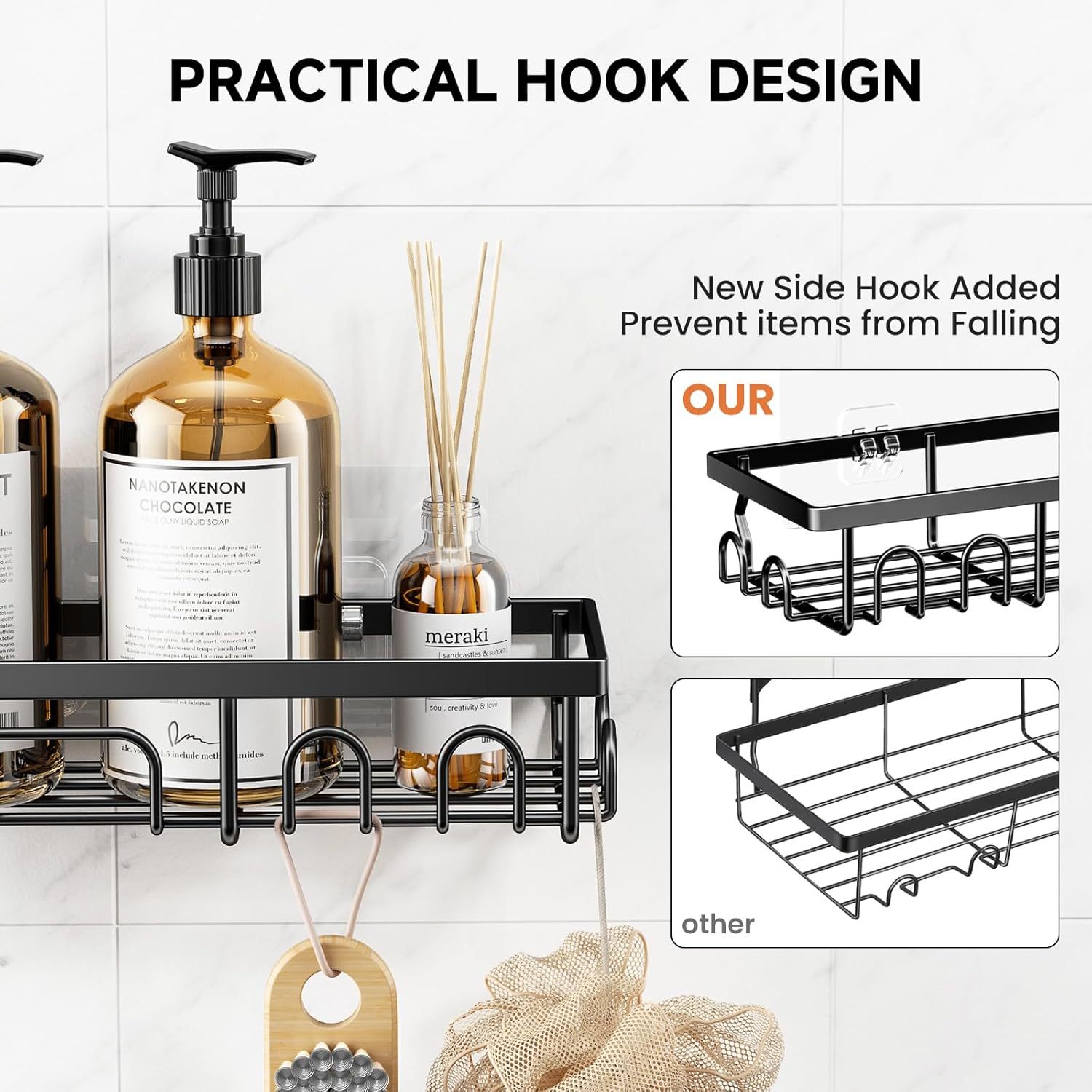 3-Pack Adhesive Shower Caddy Organizer with Soap Holder, Rustproof Stainless Steel Bathroom Storage Shelf, No Drilling Wall Mounted Shower Rack with Built-in Hooks for Kitchen & Bathroom - Matte Black,Jiangmen Hanxi Metal Products Factory,3-Pack Adhesive Shower Caddy Organizer with Soap Holder, Rustproof Stainless Steel Bathroom Storage Shelf, No Drilling Wall Mounted Shower Rack with Built-in Hooks for Kitchen & Bathroom - Matte Black