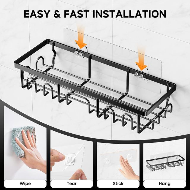 3-Pack Adhesive Shower Caddy Organizer with Soap Holder, Rustproof Stainless Steel Bathroom Storage Shelf, No Drilling Wall Mounted Shower Rack with Built-in Hooks for Kitchen & Bathroom - Matte Black,Jiangmen Hanxi Metal Products Factory,3-Pack Adhesive Shower Caddy Organizer with Soap Holder, Rustproof Stainless Steel Bathroom Storage Shelf, No Drilling Wall Mounted Shower Rack with Built-in Hooks for Kitchen & Bathroom - Matte Black
