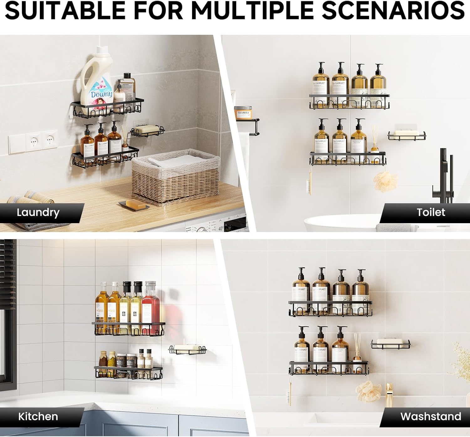 3-Pack Adhesive Shower Caddy Organizer with Soap Holder, Rustproof Stainless Steel Bathroom Storage Shelf, No Drilling Wall Mounted Shower Rack with Built-in Hooks for Kitchen & Bathroom - Matte Black,Jiangmen Hanxi Metal Products Factory,3-Pack Adhesive Shower Caddy Organizer with Soap Holder, Rustproof Stainless Steel Bathroom Storage Shelf, No Drilling Wall Mounted Shower Rack with Built-in Hooks for Kitchen & Bathroom - Matte Black