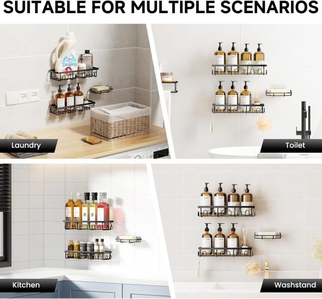3-Pack Adhesive Shower Caddy Organizer with Soap Holder, Rustproof Stainless Steel Bathroom Storage Shelf, No Drilling Wall Mounted Shower Rack with Built-in Hooks for Kitchen & Bathroom - Matte Black,Jiangmen Hanxi Metal Products Factory,3-Pack Adhesive Shower Caddy Organizer with Soap Holder, Rustproof Stainless Steel Bathroom Storage Shelf, No Drilling Wall Mounted Shower Rack with Built-in Hooks for Kitchen & Bathroom - Matte Black