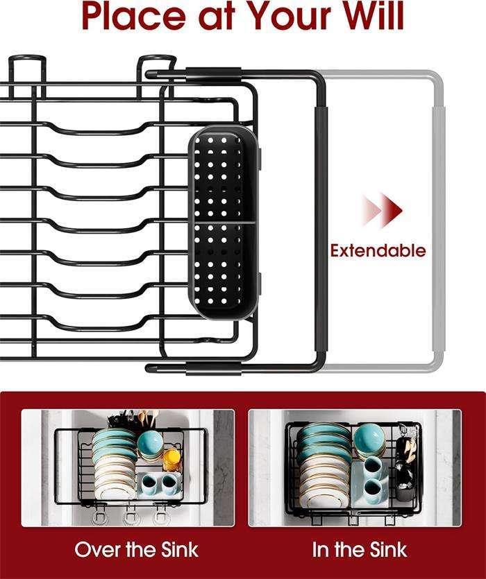 Expandable Dish Rack Over the Sink with Cutlery Holder & Cup Holders,Jiangmen Hanxi Metal Products Factory,Expandable Dish Rack Over the Sink with Cutlery Holder & Cup Holders