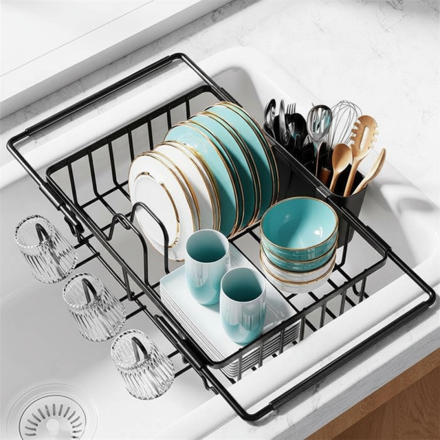 Expandable Dish Rack Over the Sink with Cutlery Holder & Cup Holders,Jiangmen Hanxi Metal Products Factory,Expandable Dish Rack Over the Sink with Cutlery Holder & Cup Holders
