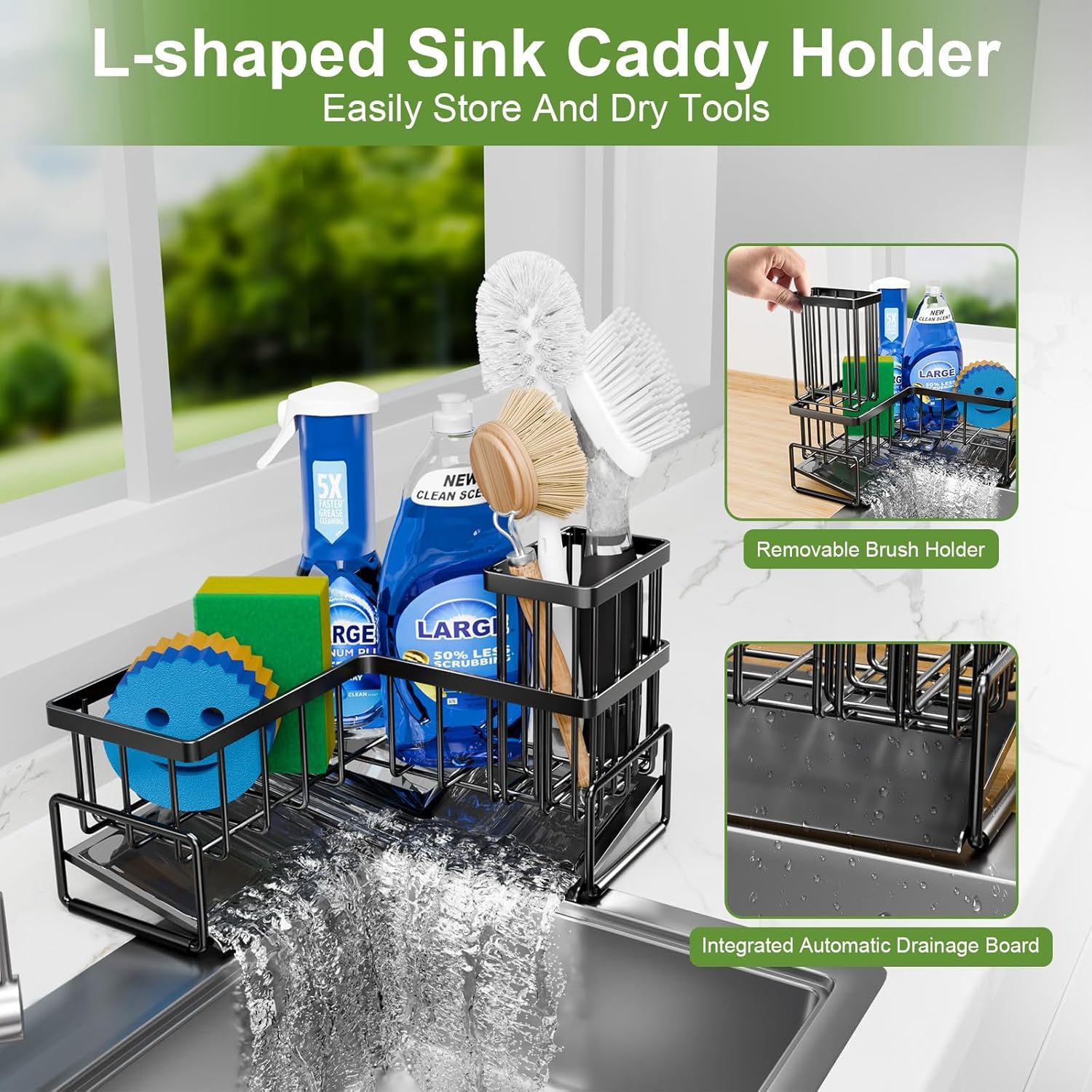 L-Shaped Sink Caddy with Auto-Drainage Self-Drying Organizer,Jiangmen Hanxi Metal Products Factory,L-Shaped Sink Caddy with Auto-Drainage Self-Drying Organizer