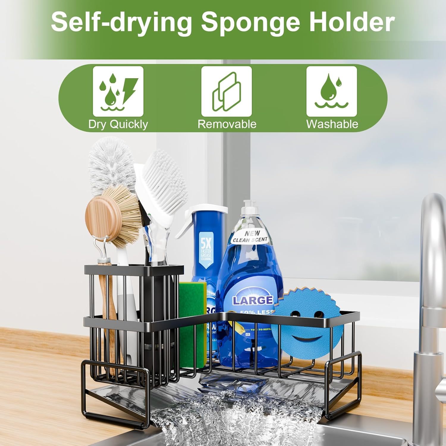 L-Shaped Sink Caddy with Auto-Drainage Self-Drying Organizer,Jiangmen Hanxi Metal Products Factory,L-Shaped Sink Caddy with Auto-Drainage Self-Drying Organizer