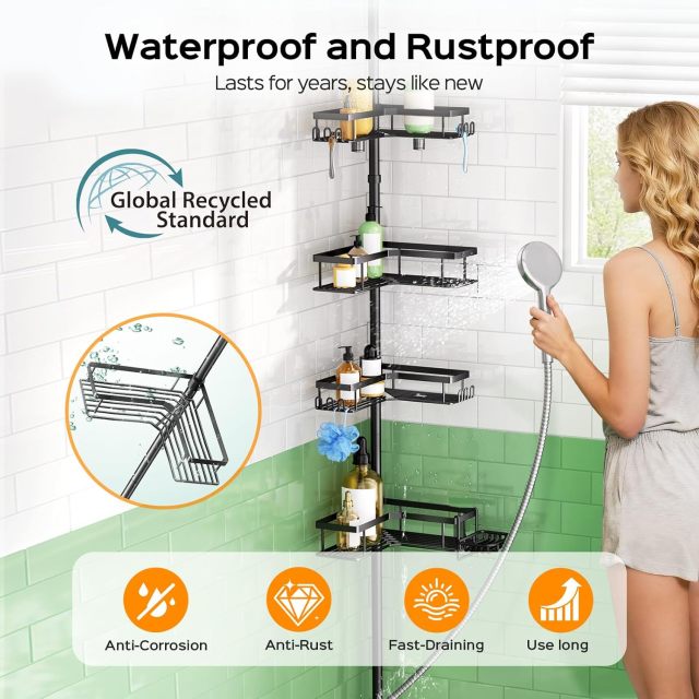 4-Tier Tension Pole Corner Shower Caddy No-Drill Storage,Jiangmen Hanxi Metal Products Factory,4-Tier Tension Pole Corner Shower Caddy No-Drill Storage