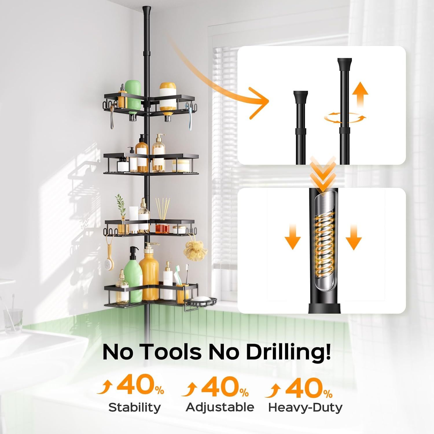 4-Tier Tension Pole Corner Shower Caddy No-Drill Storage,Jiangmen Hanxi Metal Products Factory,4-Tier Tension Pole Corner Shower Caddy No-Drill Storage
