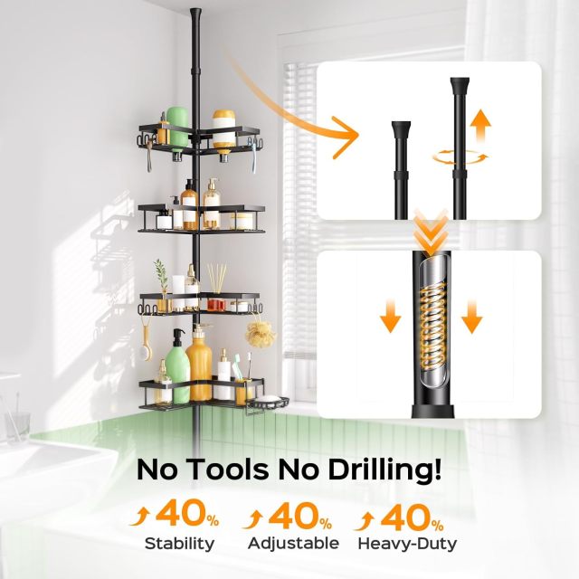 4-Tier Tension Pole Corner Shower Caddy No-Drill Storage,Jiangmen Hanxi Metal Products Factory,4-Tier Tension Pole Corner Shower Caddy No-Drill Storage