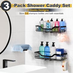 3-Pack No-Drill Shower Caddy Set 40lb Load with 8 Hooks,Jiangmen Hanxi Metal Products Factory,3-Pack No-Drill Shower Caddy Set 40lb Load with 8 Hooks