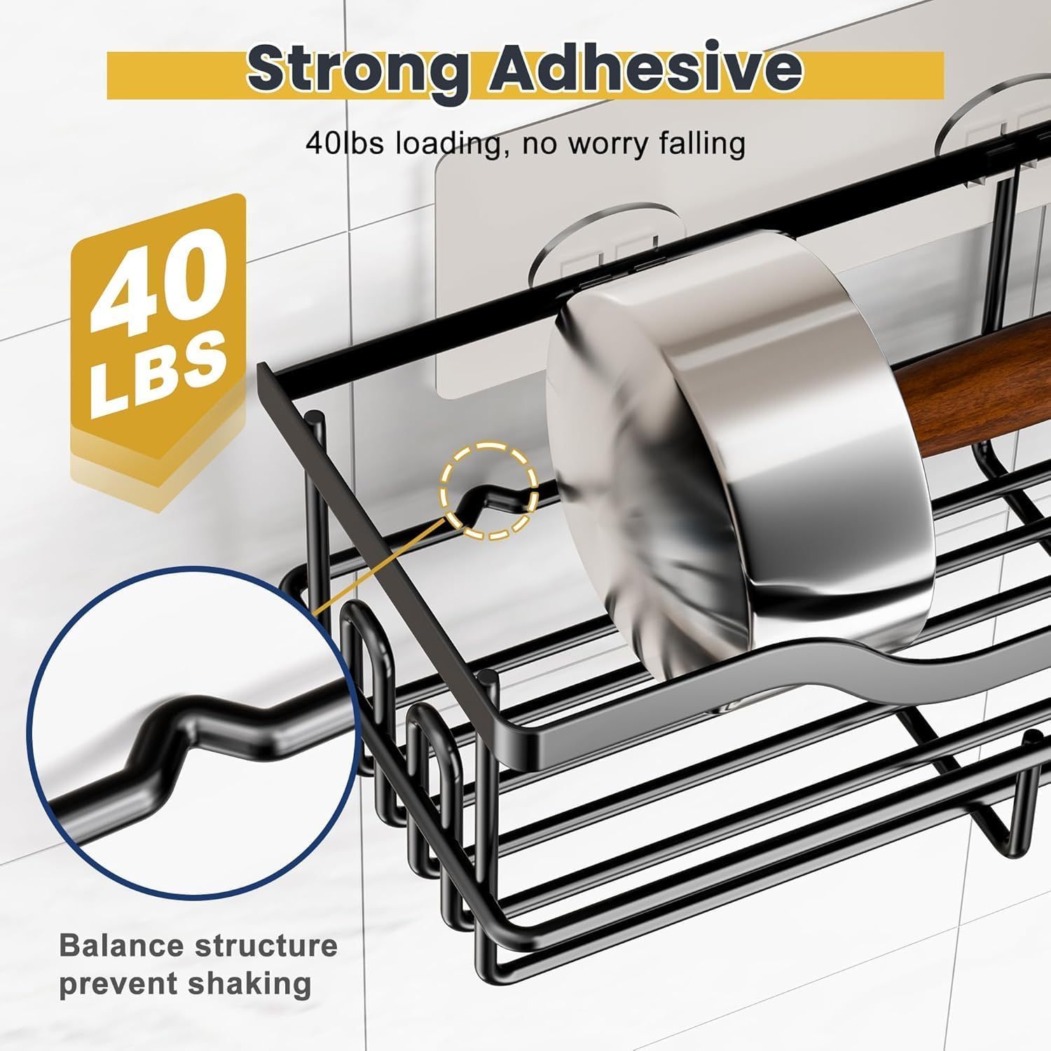3-Pack No-Drill Shower Caddy Set 40lb Load with 8 Hooks,Jiangmen Hanxi Metal Products Factory,3-Pack No-Drill Shower Caddy Set 40lb Load with 8 Hooks