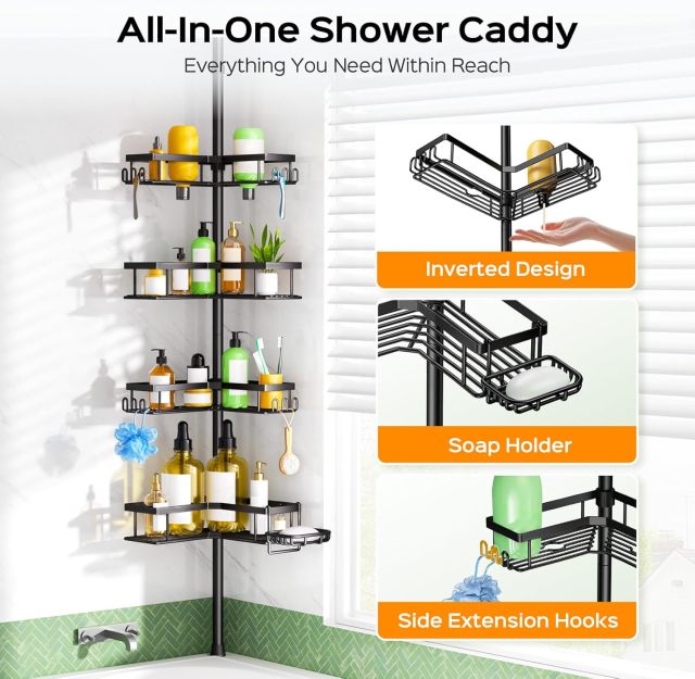 4-Tier Tension Pole Corner Shower Caddy No-Drill Storage,Jiangmen Hanxi Metal Products Factory,4-Tier Tension Pole Corner Shower Caddy No-Drill Storage