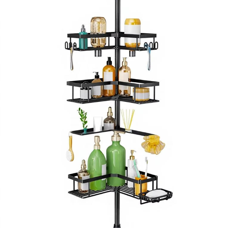 4-Tier Tension Pole Corner Shower Caddy No-Drill Storage,Jiangmen Hanxi Metal Products Factory,4-Tier Tension Pole Corner Shower Caddy No-Drill Storage