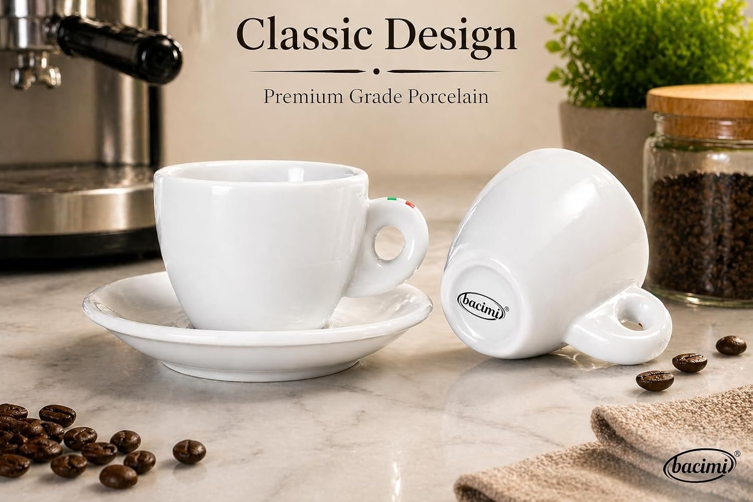Bacimi® Espresso Cups and Saucers Set of 4 – 3 oz Thick Porcelain Coffee Cups - Barista Style Cup - Classic Italian Design - Ceramic Cups for Espresso, Macchiato, Doppio – Dishwasher & Microwave Safe