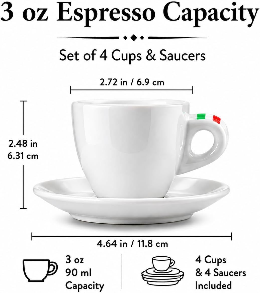 Bacimi® Espresso Cups and Saucers Set of 4 – 3 oz Thick Porcelain Coffee Cups - Barista Style Cup - Classic Italian Design - Ceramic Cups for Espresso, Macchiato, Doppio – Dishwasher & Microwave Safe