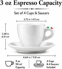 Bacimi® Espresso Cups and Saucers Set of 4 – 3 oz Thick Porcelain Coffee Cups - Barista Style Cup - Classic Italian Design - Ceramic Cups for Espresso, Macchiato, Doppio – Dishwasher & Microwave Safe