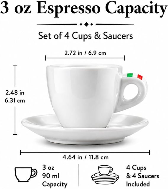 Bacimi® Espresso Cups and Saucers Set of 4 – 3 oz Thick Porcelain Coffee Cups - Barista Style Cup - Classic Italian Design - Ceramic Cups for Espresso, Macchiato, Doppio – Dishwasher & Microwave Safe