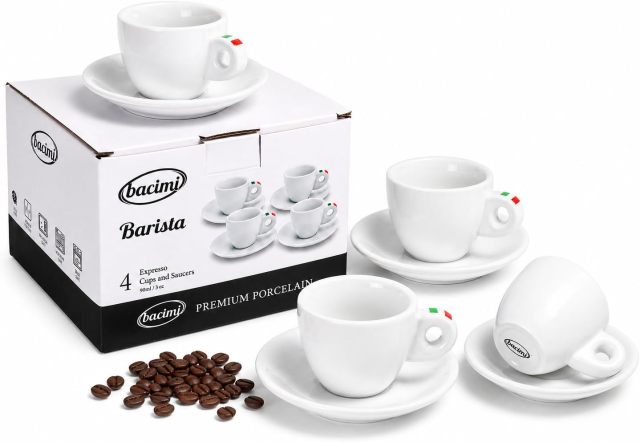Bacimi® Espresso Cups and Saucers Set of 4 – 3 oz Thick Porcelain Coffee Cups - Barista Style Cup - Classic Italian Design - Ceramic Cups for Espresso, Macchiato, Doppio – Dishwasher & Microwave Safe