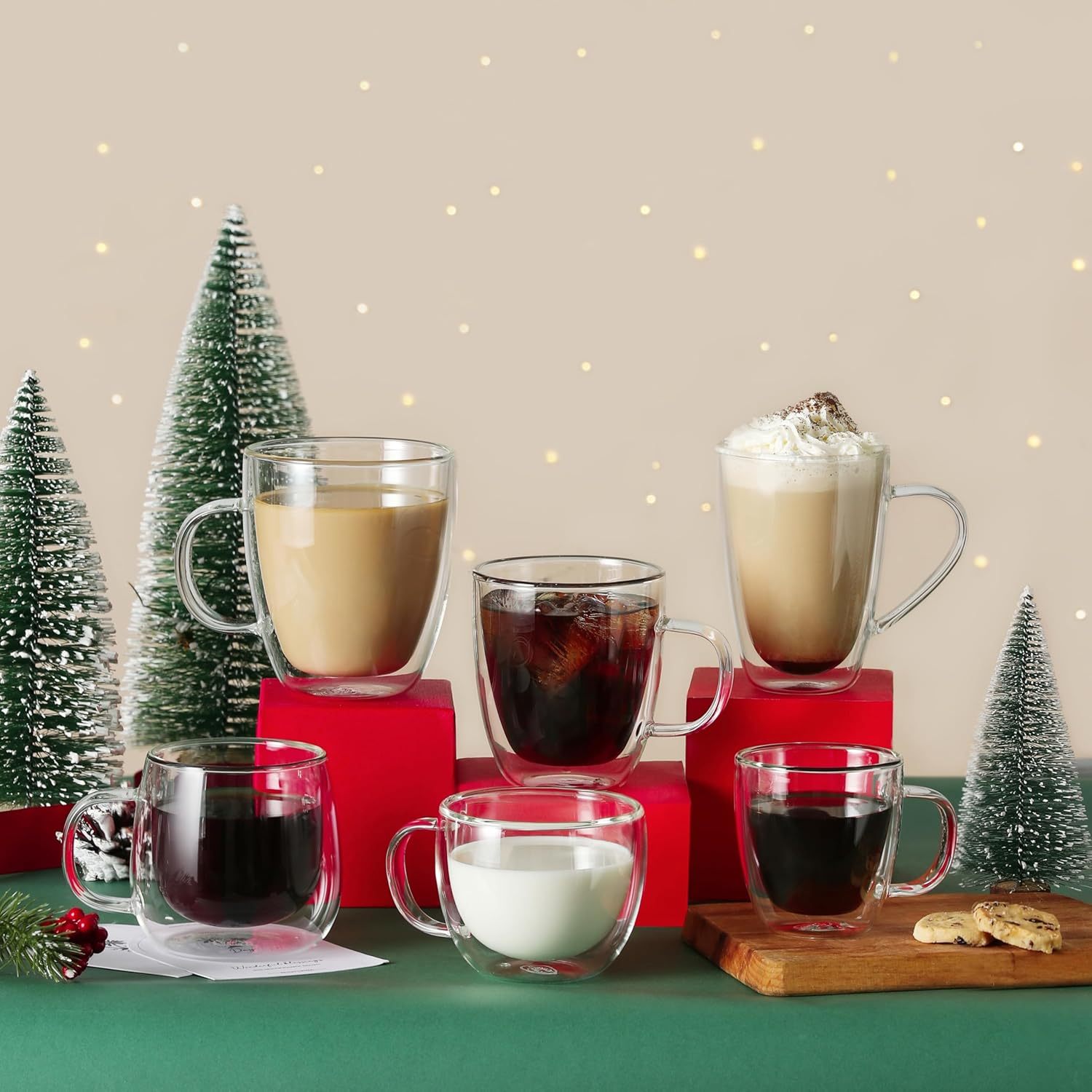 CNGLASS 8oz Double Wall Glass Coffee Mugs,Clear Insulated Espresso Glass Mugs with Handle for Latte,Cappuccino,Coffee,Set of 4