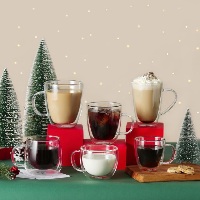 CNGLASS 8oz Double Wall Glass Coffee Mugs,Clear Insulated Espresso Glass Mugs with Handle for Latte,Cappuccino,Coffee,Set of 4
