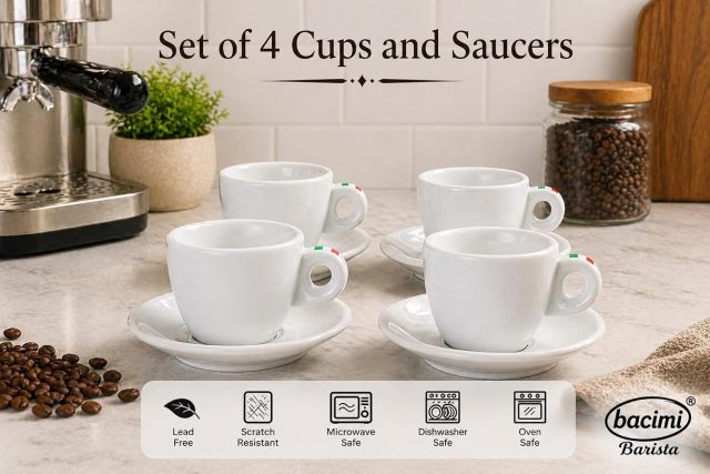Bacimi® Espresso Cups and Saucers Set of 4 – 3 oz Thick Porcelain Coffee Cups - Barista Style Cup - Classic Italian Design - Ceramic Cups for Espresso, Macchiato, Doppio – Dishwasher & Microwave Safe