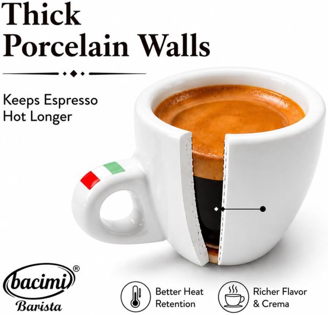 Bacimi® Espresso Cups and Saucers Set of 4 – 3 oz Thick Porcelain Coffee Cups - Barista Style Cup - Classic Italian Design - Ceramic Cups for Espresso, Macchiato, Doppio – Dishwasher & Microwave Safe