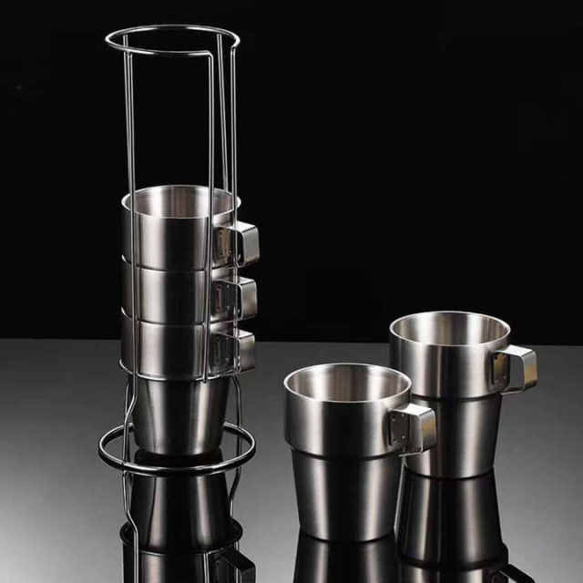 Stackable Stainless Steel Coffee Mug Set with Stand, Reusable Metal Drinking Cups