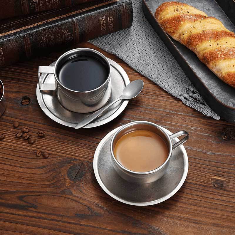 Vintage 304 Stainless Steel 3pcs Coffee Cup Set with Saucer Spoon Double Layer Heat-resistant Mug for Afternoon Tea