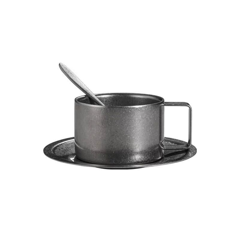 Vintage 304 Stainless Steel 3pcs Coffee Cup Set with Saucer Spoon Double Layer Heat-resistant Mug for Afternoon Tea