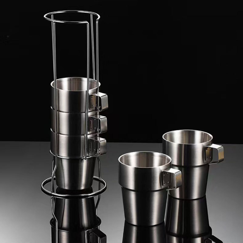Stackable Stainless Steel Coffee Mug Set with Stand, Reusable Metal Drinking Cups