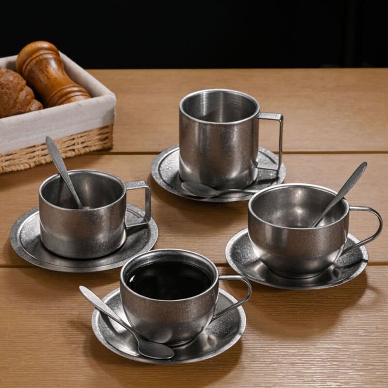 Vintage 304 Stainless Steel 3pcs Coffee Cup Set with Saucer Spoon Double Layer Heat-resistant Mug for Afternoon Tea