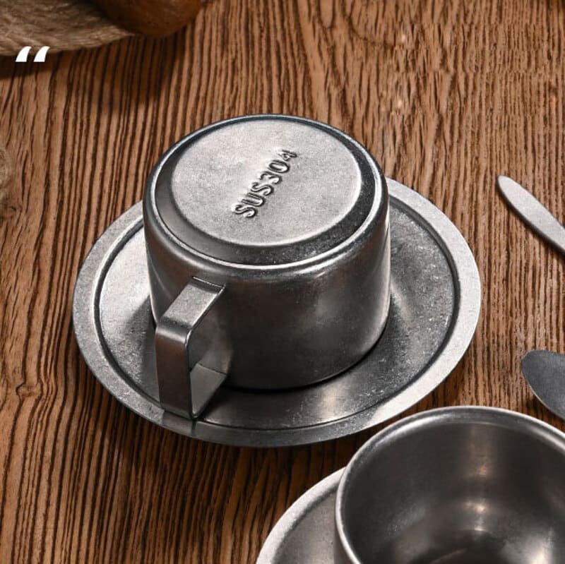 Vintage 304 Stainless Steel 3pcs Coffee Cup Set with Saucer Spoon Double Layer Heat-resistant Mug for Afternoon Tea