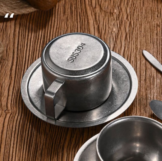 Vintage 304 Stainless Steel 3pcs Coffee Cup Set with Saucer Spoon Double Layer Heat-resistant Mug for Afternoon Tea